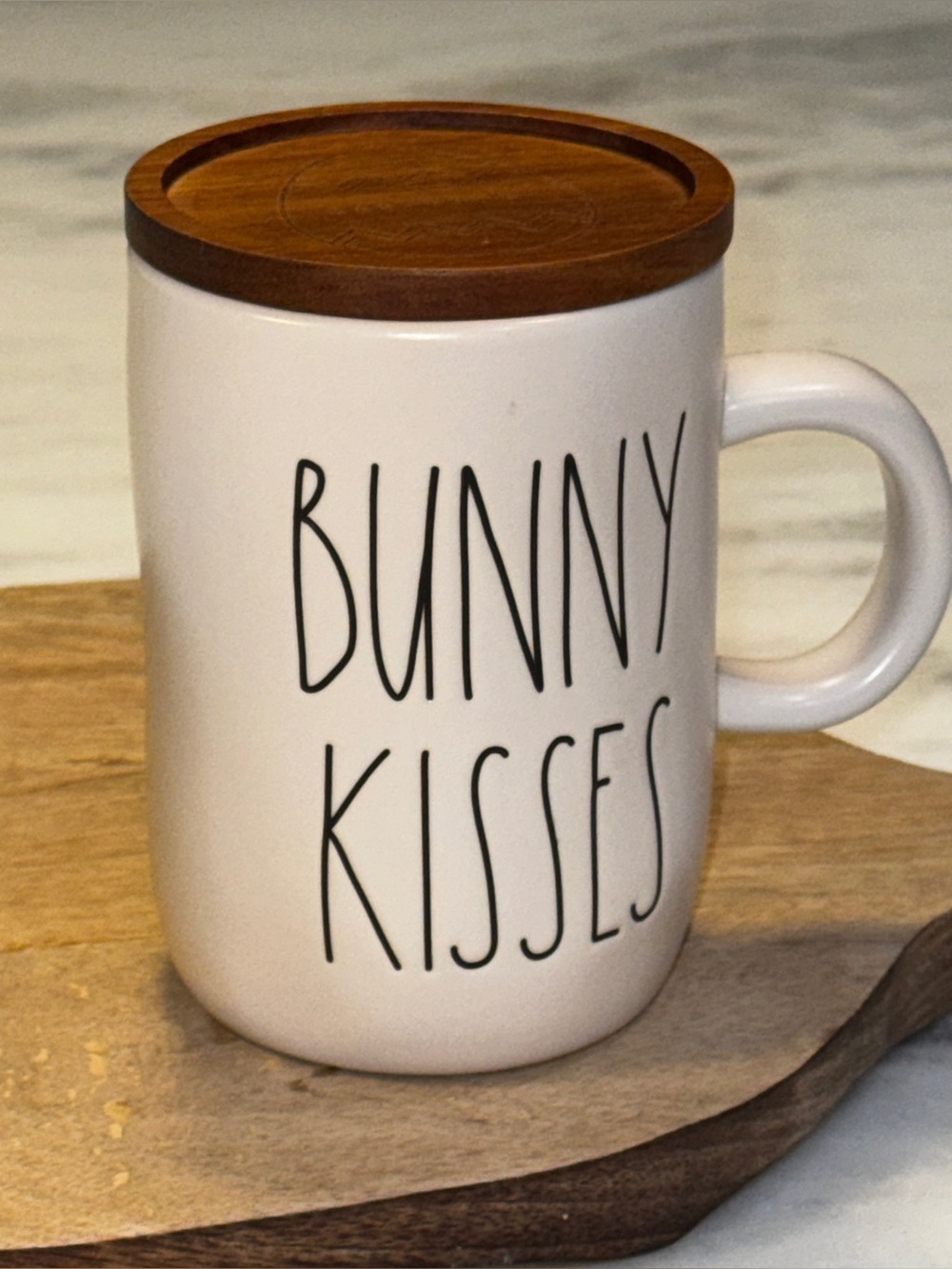 Rae Dunn Easter “BUNNY KISSES” Easter Mug With Wooden Coaster/Lid